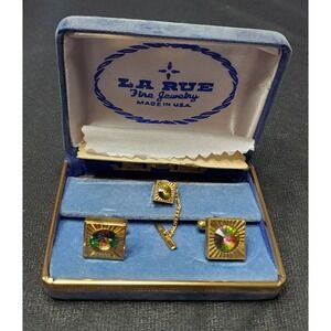 Vintage La Rue Gold Tone Green & Pink Rhinestone Cufflinks & Tie Clip Set w/ Box